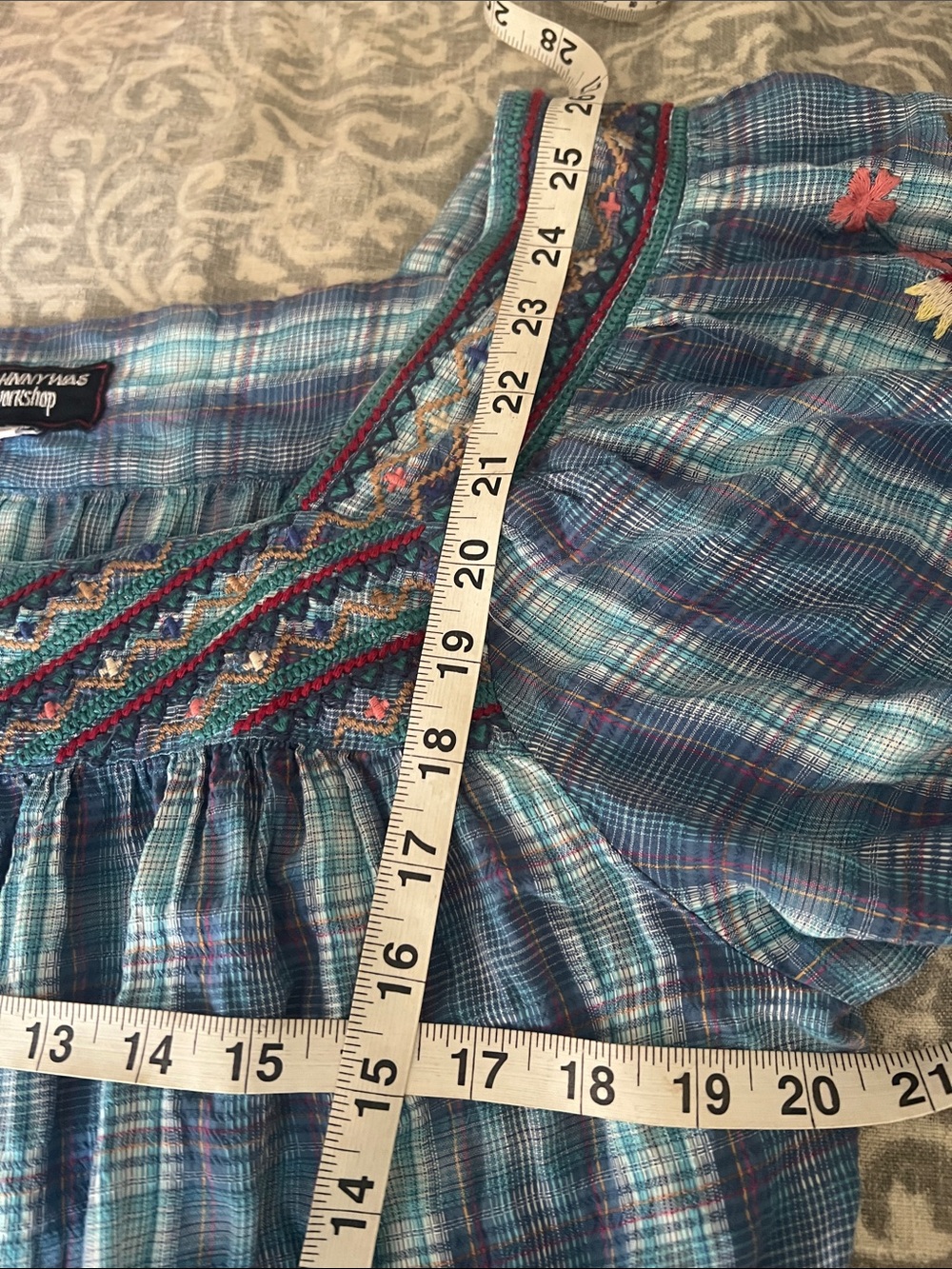 JOHNNY WAS Blue Plaid Embroidered Aimee Puff Sleeve Peasant Top Women's LARGE - Picture 7 of 8